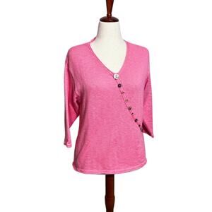 Lu Lu B pullover sweater pink v neck loose fit button detailing 100% cotton Sz M